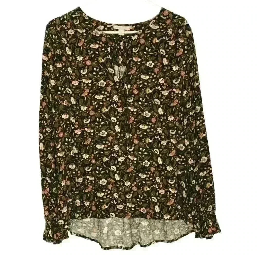 Knox Rose peasant top L long sleeve v neck hi-lo gathers floral fairy grunge